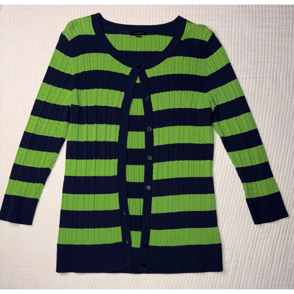 Talbots Womens Navy Lime Green Striped Cable Knit Button Cardigan S